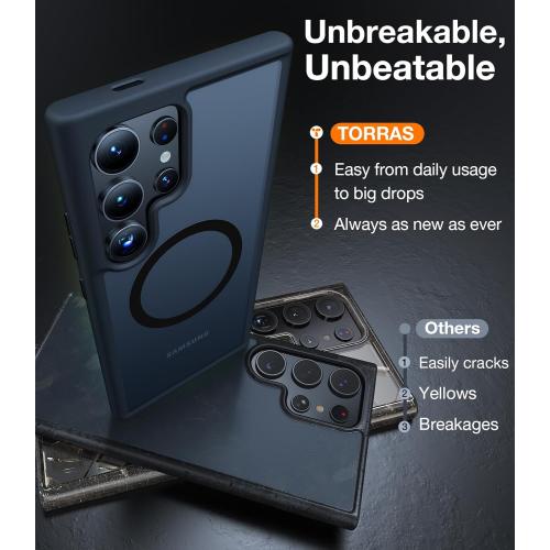 TORRAS Magnetic Shockproof for Samsung Galaxy S25 Ultra Case, Fit for MagSafe, 4X Military Grade Protection, Translucent Slim Case for Samsung S25 Ultra Case Anti-Fingerprint Anti-Scratch, Black