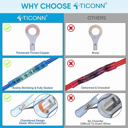TICONN Set of  120Pcs Heat Shrink Wire Connectors, Waterproof Automotive Marine Electrical Terminals Kit, Crimp Connector Assortment, Ring Fork Spade Butt Splices