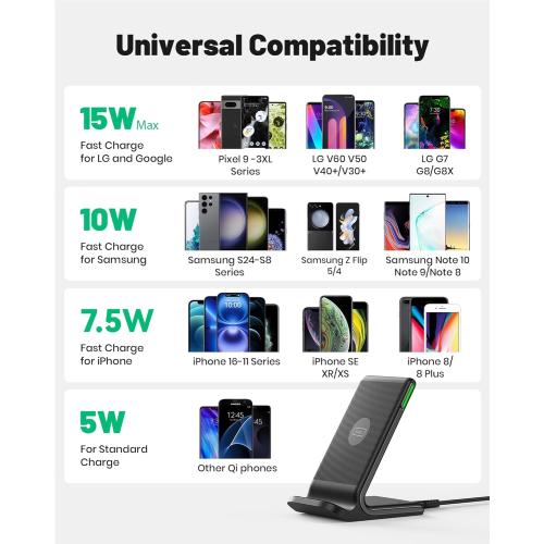 INIU Wireless Charger, 15W Fast Qi Certified Wireless Charging Station with Sleep-Friendly Adaptive Light Compatible with iPhone 16 15 14 13 Pro XS 8 Plus Samsung Galaxy S25 S24 S23 Note 20 Google etc
