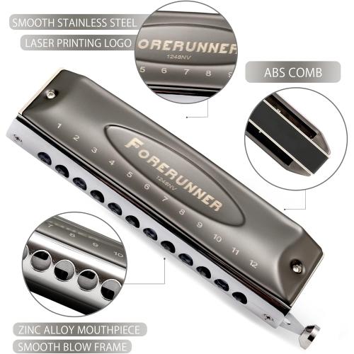 East top Harmonica, Forerunner Chromatic Harmonica C Key 12-Hole 48 Tones Mouth Organ Key of C for Adults, Beginners and Students