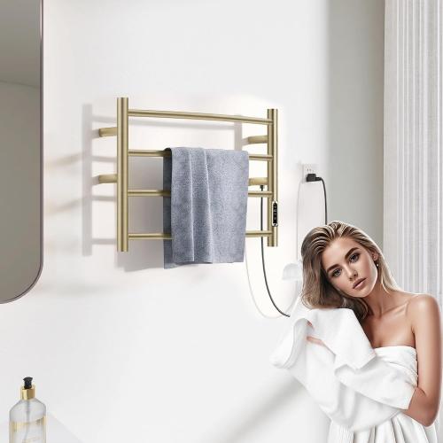 Heated Towel Racks for Bathroom, Wall Mounted Electric Towel Warmer Racks with Timer & Temperature Control, 4 Bar Stainless Steel Towel Heater for Bathroom, Brushed Gold, Plug-in