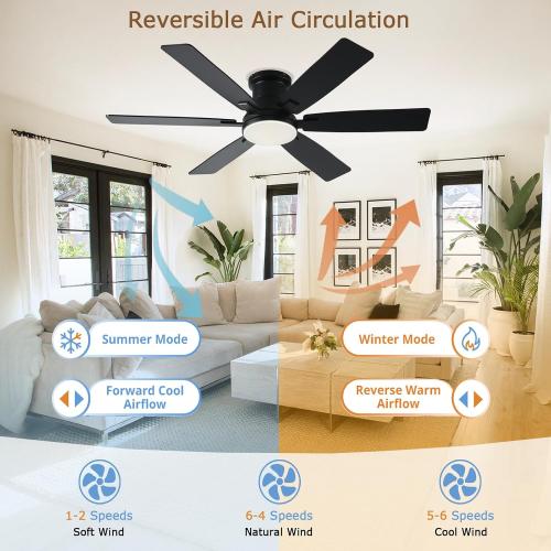52 inch Black Ceiling Fans with Lights and Remote - Flush Mount Low Profile Ceiling Fan with Light, Reversible, 3CCT, Dimmable, Modern Indoor Ceiling Fan for Bedroom Living Room, Covered Patios