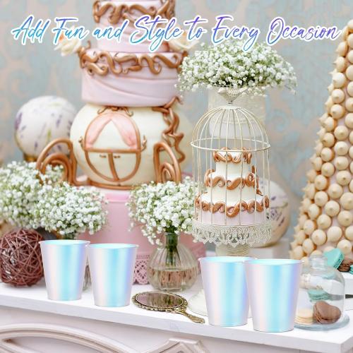 100 Pcs Iridescent Plastic Cups Rainbow Disposable Cups Holographic Party Clear Glitter Shiny Plastic Tumblers for Wedding Birthday Bachelorette Mermaid Party (Matte,12 oz)