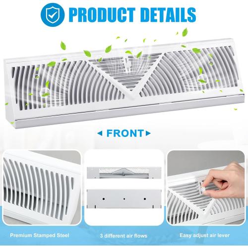 Yaocom 2 Pack Baseboard Register Vent 24 Inch Duct Opening Size Vent Covers for Home Floor Diffuser Wall Corner Baseboard Air Covers, Smooth Air Adjust Lever, Easy Install, White