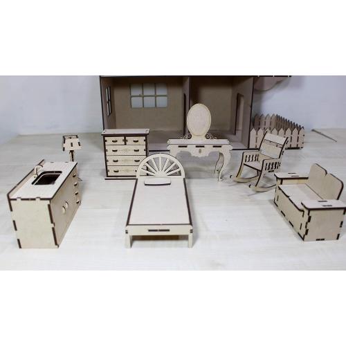 StonKraft Wooden 3D Puzzle Doll House - Home Decor, Construction Toy, Modeling Kit, School Project - Easy to Assemble (Doll House with Furniture)
