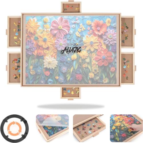 ALL4JIG 1500 Pieces Rotating Puzzle Board with 6 Drawers and Cover,24.92x33.58Portable Wooden Jigsaw Puzzle Table for Adults,Lazy Susan Spinning Puzzle Boards Birthday Gift for mom