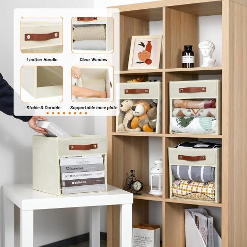 Cream and Brown HNZIGE 11 Inch Cube Storage Bin - Fabric Storage Organizer, Clear Canvas Collapsible Cubby for Home (Cream, 4 PCS)