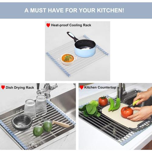 MECHEER Over The Sink Dish Drying Rack, Roll Up Dish Drying Rack Kitchen Dish Rack Stainless Steel Sink Drying Rack, Foldable Dish Drainer, 17.5''x11.8''