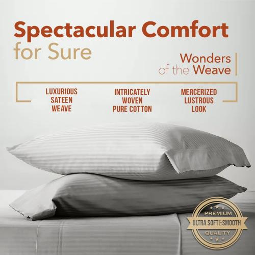 Hotel Style Egyptian Cotton Queen Size Sheet Set -Damask Stripe 4 PC  Fitted and Flat Sheets, Sateen Hotel Bedding - Silver Stripe