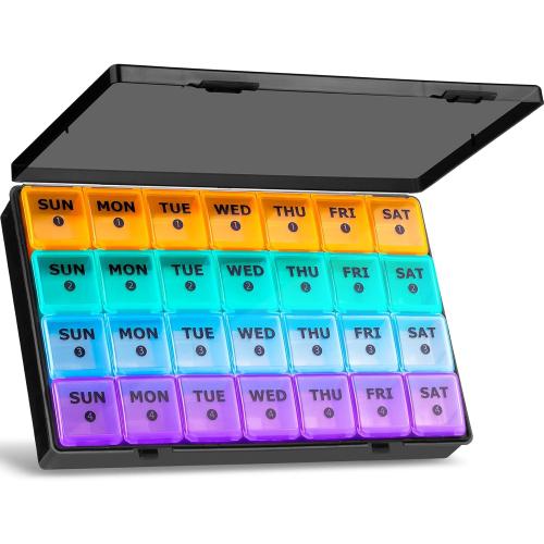 XL Large Monthly Pill Organizer 4 Weeks, 28 Day Pill Organizer Weekly, Big Compartment with Travel Case, 7 Day Pill Dispenser 4 Times a Day, Medicine Organizer Box for Vitamin, Fish Oil (Black)