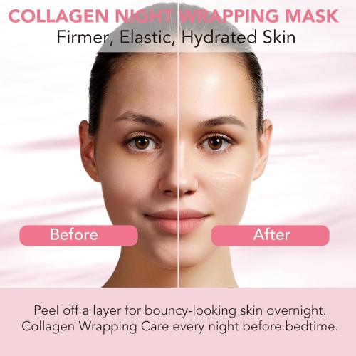 Collagen Overnight Wrapping Peel off Face Mask, Collagen Night Wrapping Mask, Elasticity & Hydration for Glass Skin, Reduce Fine Lines & Dullness, Anti-Aging Korean Skin Care