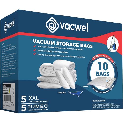 10-Pack Variety - Vacuum Storage Bags for Bedding Storage and to Store Winter Clothes - Vacuum Sealer Bags for Blankets, Pillows & Duvets - 5x XXL (47x35in)   5x Jumbo (43x30in)