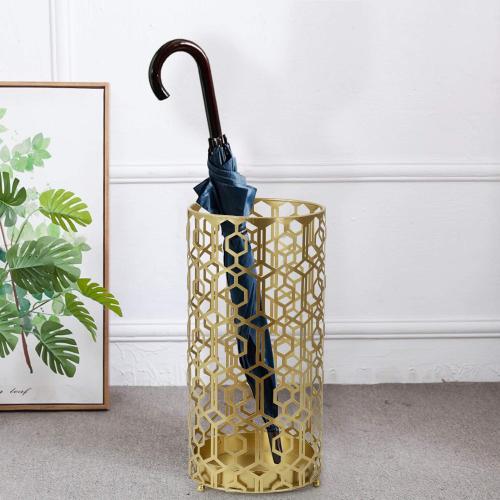Adeco Metal Umbrella Stand Rack Holder Organizer Entryway Freestanding, for Canes, Walking Sticks, Gold Color