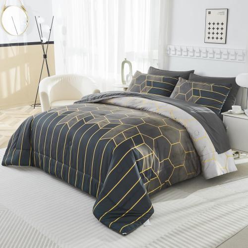 Queen Size Comforter Sets 7 Pieces Grey and Gold Striped Bedding Set Geometric Bed in A Bag