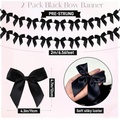 2pcs Bow Garland Banner, Ribbon Bow Party Decorations for Baby Shower Girls Bow Coquette Birthday Party Decor (Black)