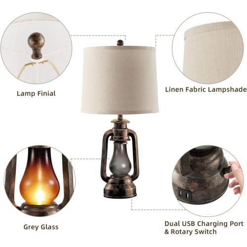 Farmhouse Rustic Table Lamps for Bedroom Set of 2, Vintage Lantern Lamp with Dual USB Charging Ports,25 Retro Antique Bedside Nightstand Desk Lamp for Living Room End Table Entryway, 4 Bulb Included