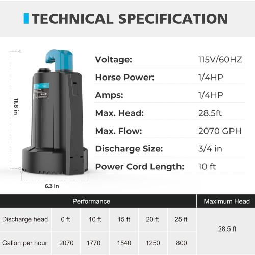 1/4 HP Automatic Submersible Water Pump, 2250GPH Sump Pump Portable Electric Utility Pump Removal for Pool Draining Basement Hot Tubs Garden Pool Cover Pond with 10ft Power Cord