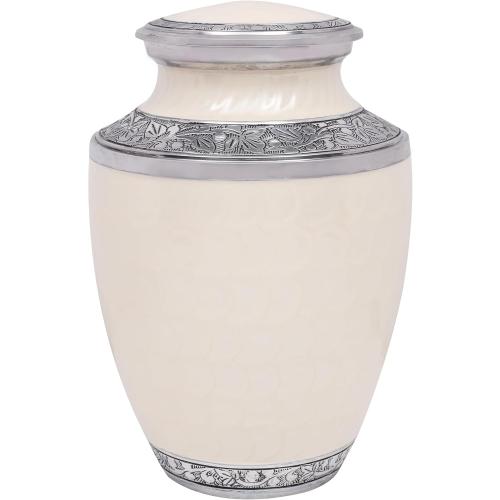 Lightweight Metal Cremation Urn for Human Ashes - Decorative Metal Memorial Urn for Adults, Secure Screw Lid, Durable Burial Urn for Home, Funeral, Men & Women 10 (White & Silver) - CLEENTABLE