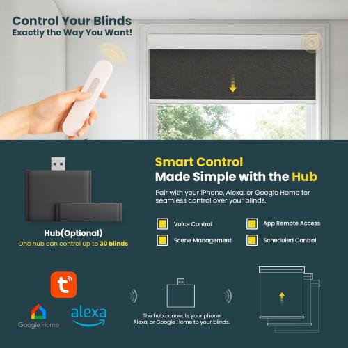 Motorized Blinds - No Drill Automatic Cordless Roller Shades Electric Smart Blinds with Remote Control (Black, 34 x 72), MH100