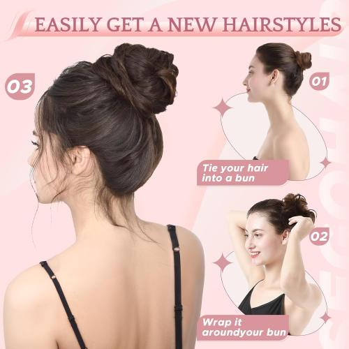 Messy Bun Hair Piece Human Hair Natural Wavy Messy Bun Scrunchie Updo Hairpieces Donut Chignon Ponytail Extensions for Women Girls,Medium Brown Mixed Dark Blonde