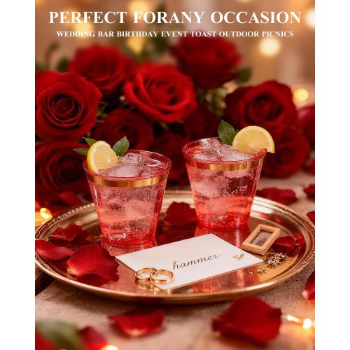 Goodluck 50PCS 9oz Red and Gold Plastic Cups for Party, Disposable Gold Rim Cups, Plastic Cocktail Glasses for Wedding Thanksgiving, Christmas, and Parties