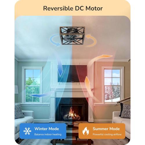 EDISHINE Caged Ceiling Fans with Lights Flush Mount, Rustic Square Low Profile Enclosed Fan Ceiling with Remote, 2/4 H Timer, Reversible 6 Speed, Farmhouse Small Fan for Bedroom, Kitchen, Dining Room