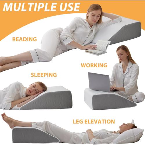 Leg Pillow Elevation Blood Circulation, Wedge Pillow for Legs Swelling, Leg Elevating Wedge Pillow for After Surgery, Foot Knee Pillow for Leg Rest, Sleeping, Memory Foam Top, 8in, White/Grey