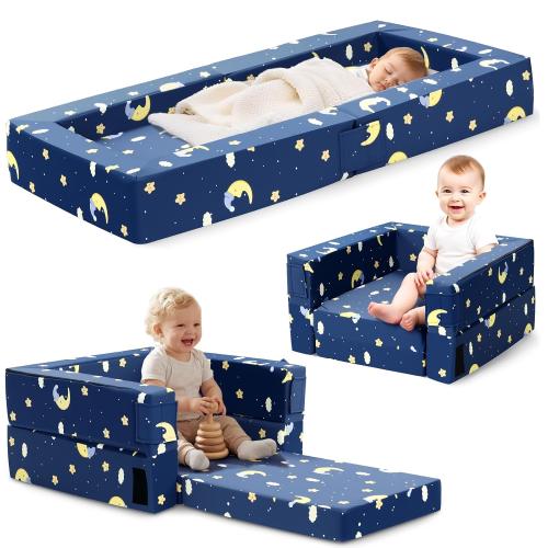 Portable 3-in-1 Toddler Travel Sofa, Soft Fabric&High-Density Foam | Easy-Clean Machine Washable Cover with Moon Star Cloud Print for Camping & Indoor/Outdoor Use - Blue