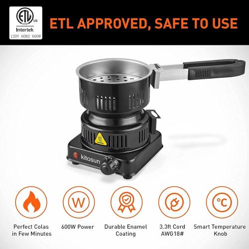 Electric Stove Coconut Charcoal Starter - ETL Approved Hot Plate Durable Faster Coal Burner 120V~600W with Detachable Handle Stainless Steel Grill & Rack Smart Heat Control Long Cable for BBQ Kitchen
