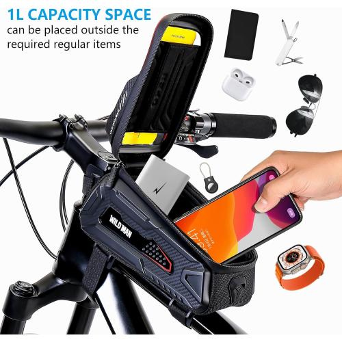 WILD MAN Bike Bag Bike Phone Bag EVA Waterproof Front Frame bag Top Tube Handlebar Bag Bicycle bag Bike Accessories Holder Compatible Phones Under 6.8(Black)