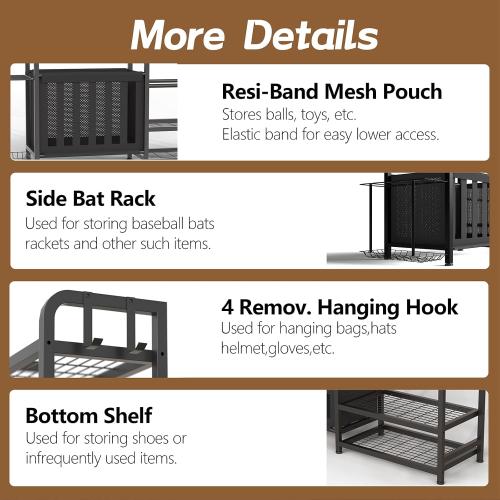 Faesun Garage Sports Equipment Organizer, Golf Bag Storage Rack, Heavy Duty Ball Holder with Basket & Hooks, Indoor/Outdoor Basketball Storage Bins for Toy Sports Gear Storage