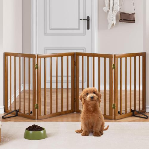 4 panel Freestanding Pet Gate Foldable 4 Panel Dog Gate Walnut Dog Gates for Stair Doorways House Indoor (2 Support Feet Included)