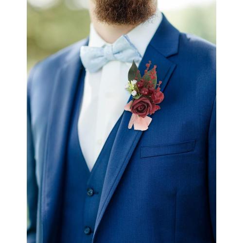 2Pcs Wedding Corsage and Boutonniere Set Burgundy Rose Corsage Wristlet and Boutonniere for Men Women Groom Bride Bridesmaid Groomsmen Wedding Party Accessory Prom Decoration (Burgundy)
