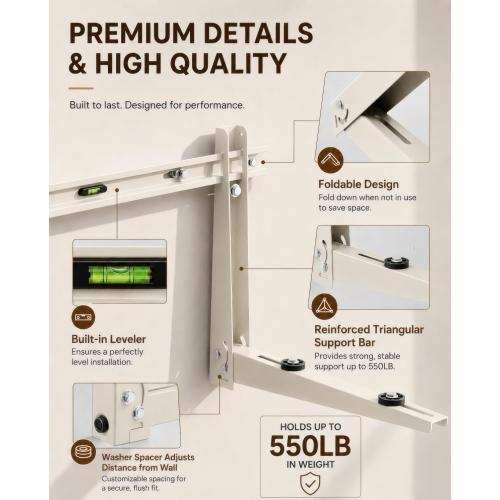 Heavy Duty Mini Split Wall Mounting Bracket for Outside, 550lb Load Capacity, Galvanized Carbon Steel, Dual Anti-Rust Coating, Leveling Bar, Anti-Vibration Pads, Fits 9000–36000 BTU AC Units
