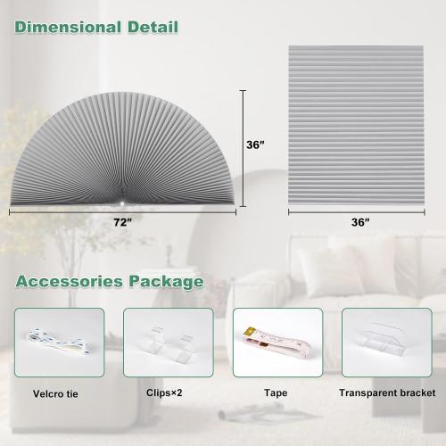 Arch Window Shades Half Circle Light Filtering Cellular Shades Cordless No Drill for Windows Half Moon Honeycomb Fabric No Tools Honeycomb Shades Easy Install (Grey-Light Filtering 36 X 72)