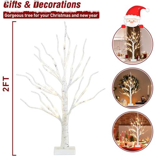 PEIDUO Artificial Tree for Christmas Decorations, 2FT Birch Tree with LED Lights, Warm White Fairy Lights Spirit Tree Lamp for Home Indoor Tabletop Centerpiece, Battery Powered, Timer