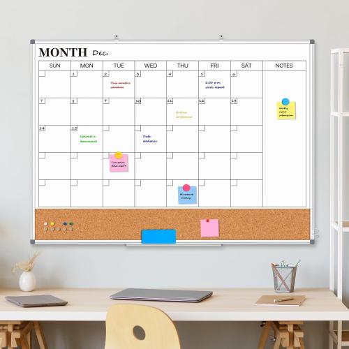 Large Monthly Dry Erase Calendar Whiteboard for Wall, 48 x 36 Double-Sided Big Calendar White Board Cork Board Combo, Aluminum Framed Month Planning Bulletin Board for Office, School, Home