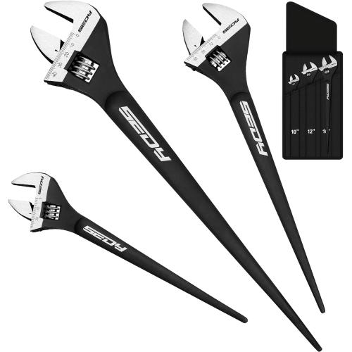 3-Piece Adjustable Spud Wrench Set, 10-inch, 12-inch, 16-inch, SAE and Metric Scale Marked, CR-V Steel with Black Oxide Finish