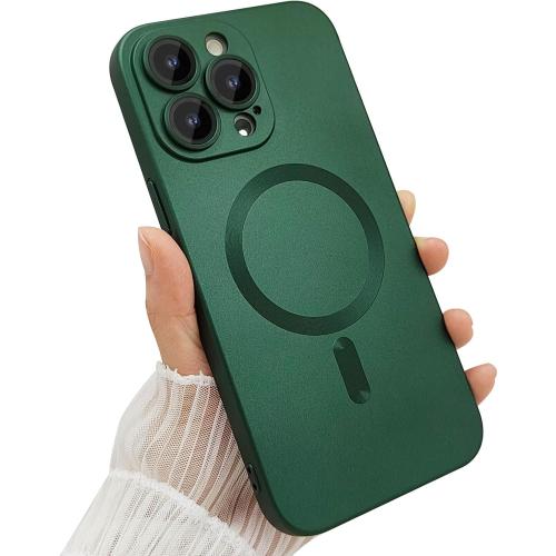Magnetic for iPhone 15 Pro Max Phone Case for Women, Matte Luxury Soft Metallic Luster Design with Camera Lens Protector, Compatible with Magsafe Case for iPhone 15 Pro Max 6.7-Green