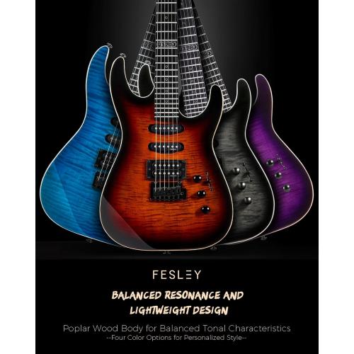 Fesley Electric Guitar, Full Size Solid Body Electric Guitar Beginner Kit, 6 String Guitar with HSS Pickups &24 Frets, Poplar Body Flame Maple Top Maple Neck With Gig Bag, Cable, Strap, FDK800, Purple