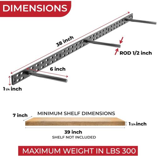 Set of 2 Floating Shelf Brackets 38 inch Multiple Mounting Location Hit 3 Studs Heavy Duty Perfect Bracket for Long Shelf/Hidden Wall Shelves Support Hardware Kitchen/Living Room/Office (6 inch Rods)