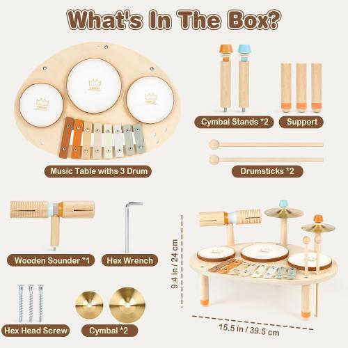 Vanplay Drum Set for Toddler - Toys for 2 3 4 Year Old Girls Boy Gifts - 9 in 1 Wooden Montessori Musical Instruments with Xylophone for Kids 3-5, Christmas Birthday Gifts for Toddlers 2-4