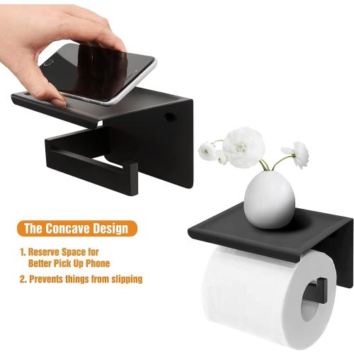 HITSLAM Toilet Paper Holder with Shelf, Stick on Matte Black Toilet Paper Roll Holder, Self Adhesive or Wall-Mount with Screws for Bathroom,Washroom