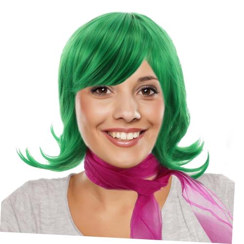 FRCOLOR 1Set Vibrant Green Short Wig with Scarf for Cosplay Wig for Birthday Parties Halloween and Performances Adorable Short Hair Design with Meticulous Craftsmanship