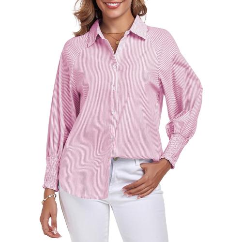 Size L...Button Down Shirts Striped Puff Long Sleeve Oversized Blouses Boyfriend Loose Tunics Collar Top