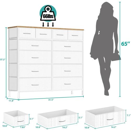 VASICAR Compact 12 Drawers Dresser for Bedroom, Fabric Storage Tower, Chest of Drawers with Retro Wood Top for Closet, Nursery, Living Room