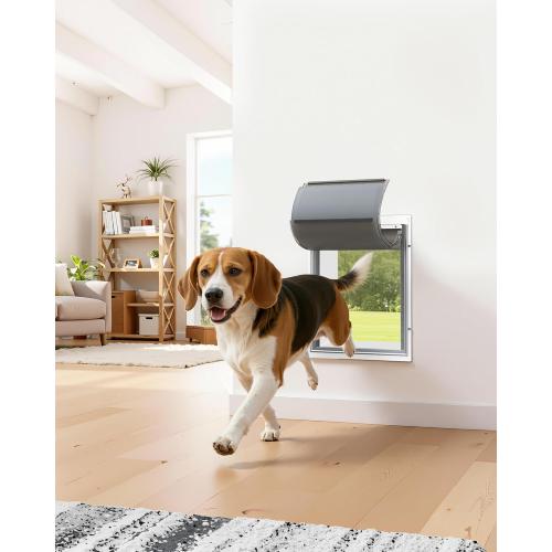 Powools Pet Dog Door for Wall - Robust Steel Pet Door with Magnetic Triple Flaps, 12.6 x 10 Flap Opening, Adjustable Tunnel for 3.4-6 Thick PVC, Wood, Drywall, for Pets Up to 45lb, White
