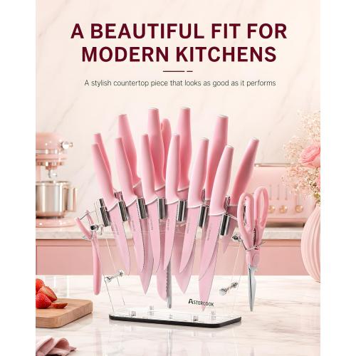 Astercook Knife Set with Clear Block and Sharpener 22Pcs Pink