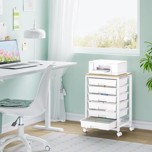 Rolling Storage Utility Cart with 6 Drawers and Wooden Tabletop for Under Desk Storage,White