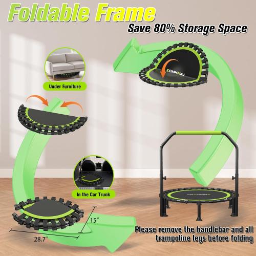 Foldable Mini Trampoline, 40/48 Rebounder Trampoline for Adults & Kids, 450lbs Capacity with U-Shaped Adjustable Bar, Indoor Fitness Workout Exercise Equipment